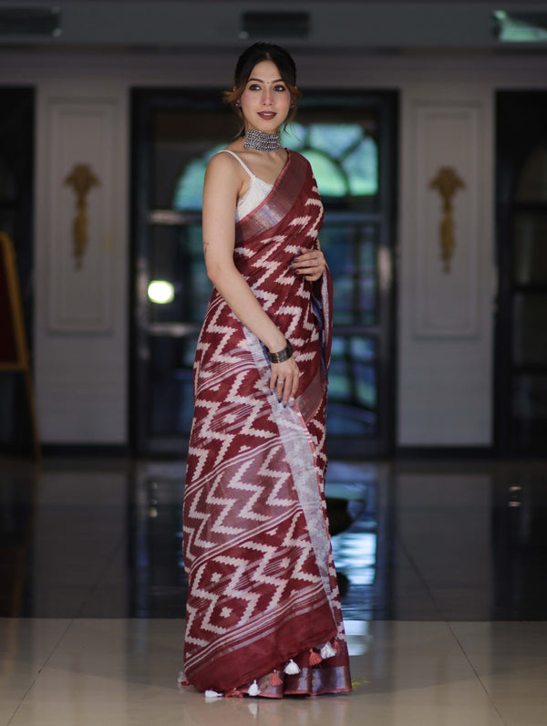Bhagalpur Handloom Pure Linen Cotton Zig-Zag Pattern Saree-Maroon & White