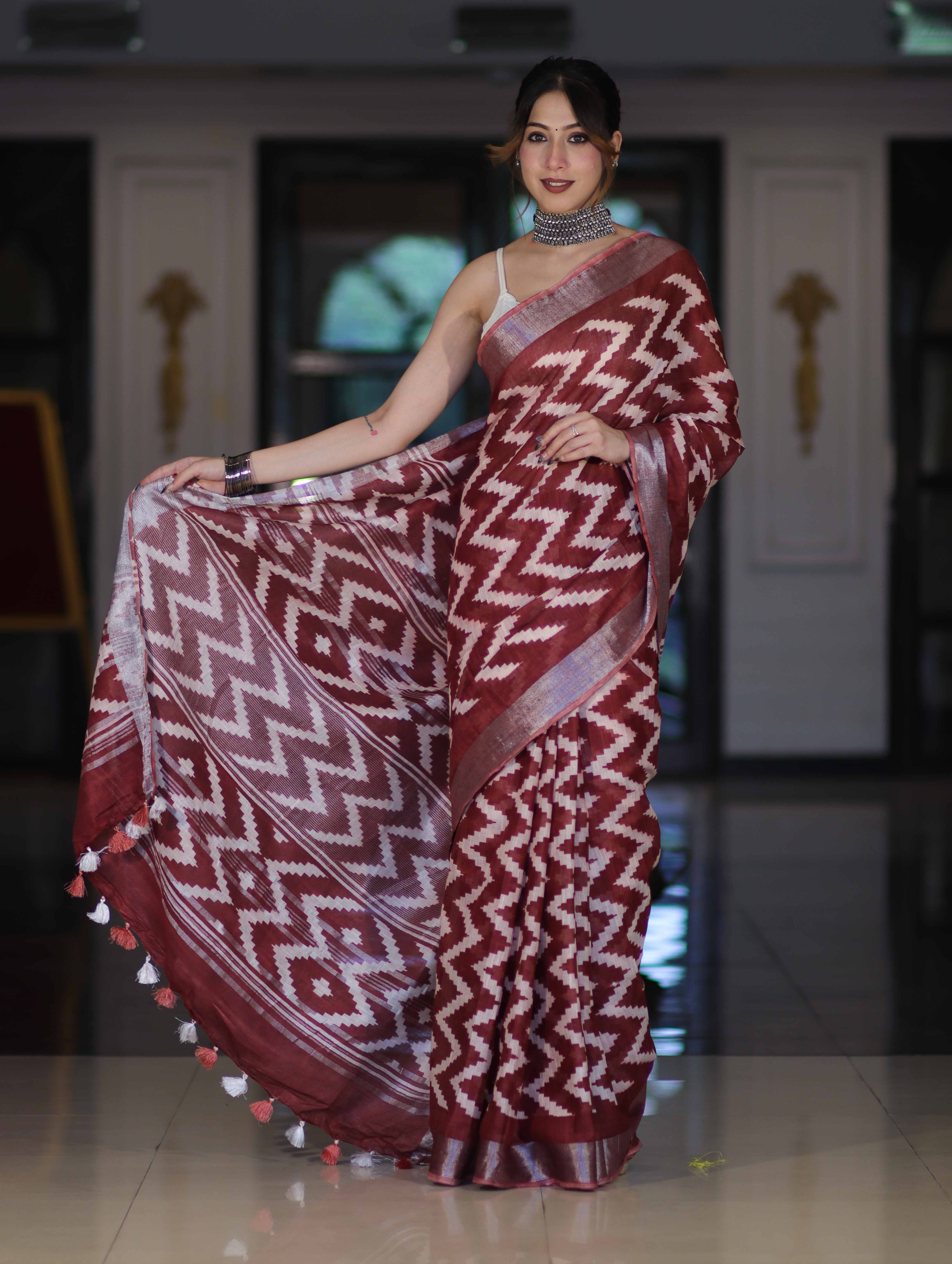Bhagalpur Handloom Pure Linen Cotton Zig-Zag Pattern Saree-Maroon & White