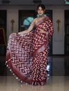 Bhagalpur Handloom Pure Linen Cotton Zig-Zag Pattern Saree-Maroon & White