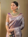 Banarasee Handwoven Plain Tissue Saree With Zari Border & Lace-Purple