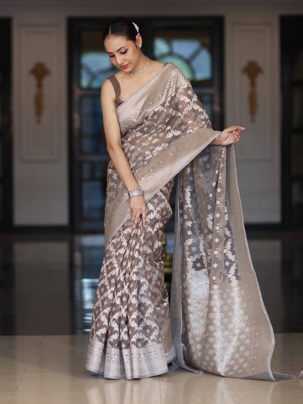 Banarasee Handloom Pure Cotton Silk Saree With Zari Jaal Design-Brown