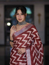 Bhagalpur Handloom Pure Linen Cotton Zig-Zag Pattern Saree-Maroon & White