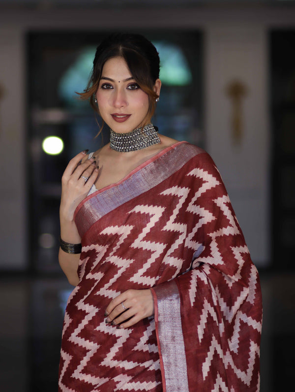 Bhagalpur Handloom Pure Linen Cotton Zig-Zag Pattern Saree-Maroon & White
