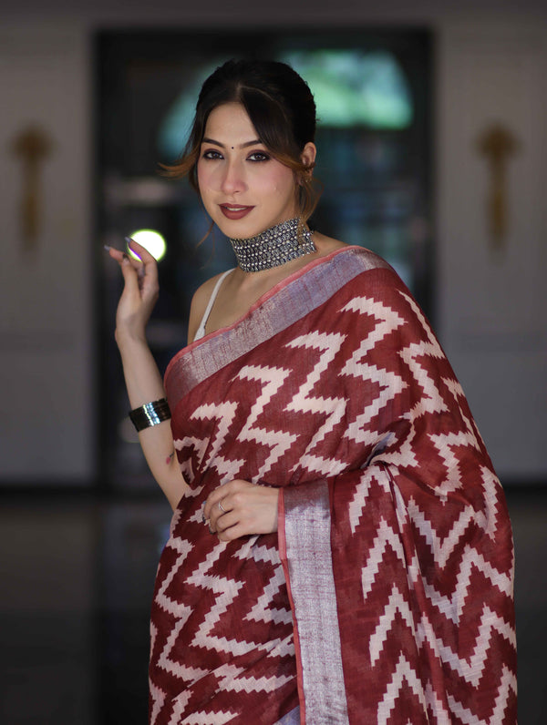 Bhagalpur Handloom Pure Linen Cotton Zig-Zag Pattern Saree-Maroon & White