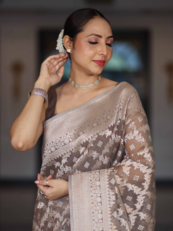 Banarasee Handloom Pure Cotton Silk Saree With Zari Jaal Design-Brown