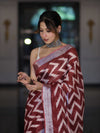 Bhagalpur Handloom Pure Linen Cotton Zig-Zag Pattern Saree-Maroon & White