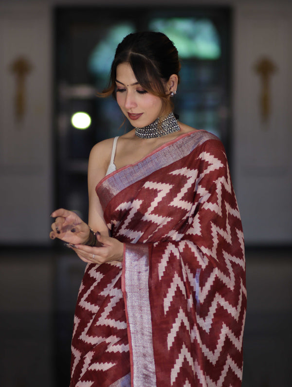 Bhagalpur Handloom Pure Linen Cotton Zig-Zag Pattern Saree-Maroon & White