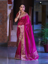 Banarasee Handloom Plain Tissue Saree With Zari Border & Lace-Magenta