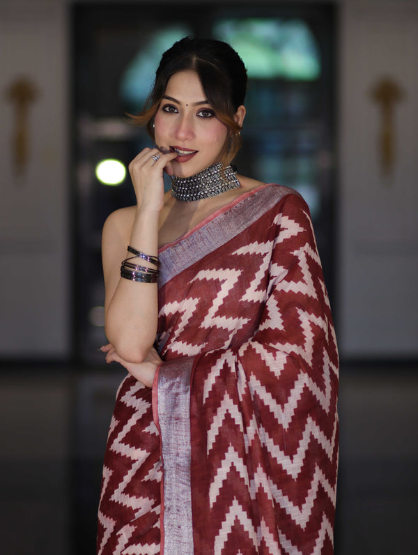 Bhagalpur Handloom Pure Linen Cotton Zig-Zag Pattern Saree-Maroon & White