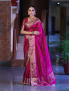 Banarasee Handloom Plain Tissue Saree With Zari Border & Lace-Magenta