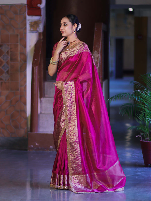 Banarasee Handloom Plain Tissue Saree With Zari Border & Lace-Magenta