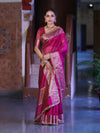 Banarasee Handloom Plain Tissue Saree With Zari Border & Lace-Magenta