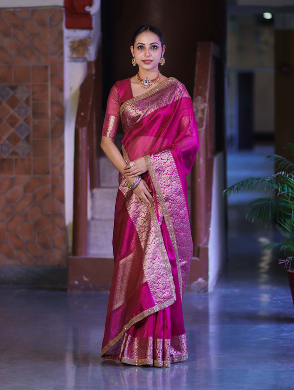 Banarasee Handloom Plain Tissue Saree With Zari Border & Lace-Magenta