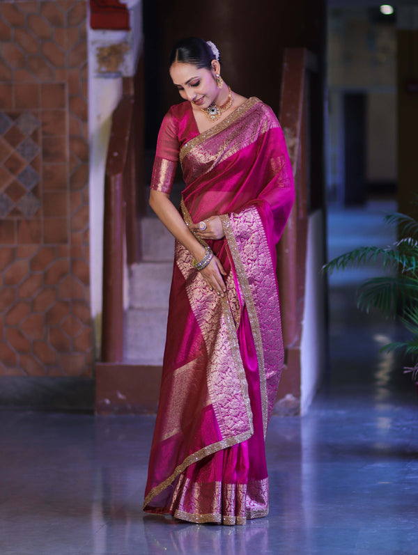 Banarasee Handloom Plain Tissue Saree With Zari Border & Lace-Magenta