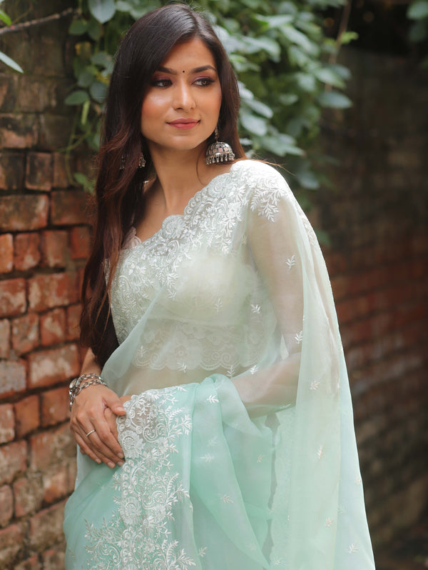 Banarasee Pure Organza Silk Saree With Floral Resham Embroidery-Sea Green