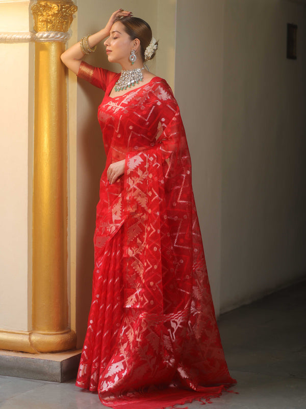 Banarasee Organza Saree With Gold Zari Jaal Design-Red