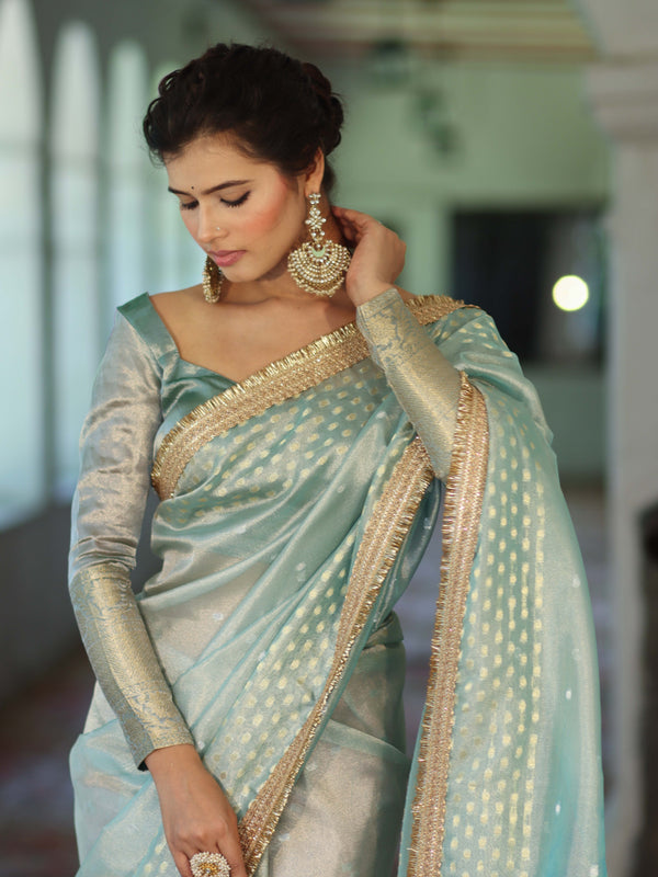 Banarasee Handwoven Tissue Saree With Zari Buti Design & Lace-Pastel Blue