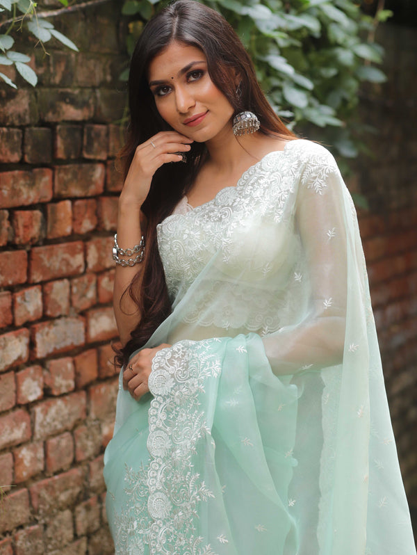 Banarasee Pure Organza Silk Saree With Floral Resham Embroidery-Sea Green