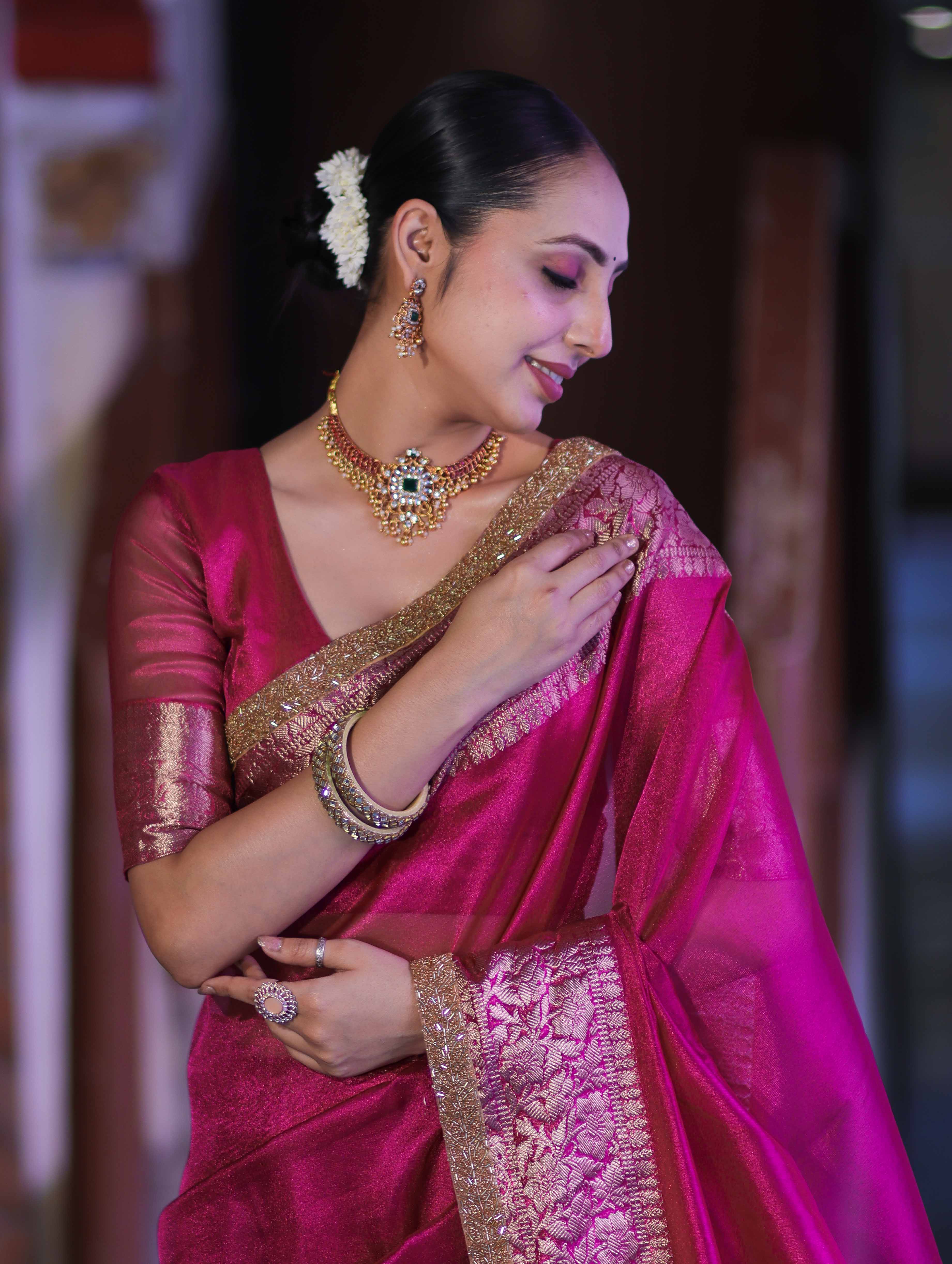 Banarasee Handloom Plain Tissue Saree With Zari Border & Lace-Magenta