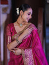 Banarasee Handloom Plain Tissue Saree With Zari Border & Lace-Magenta
