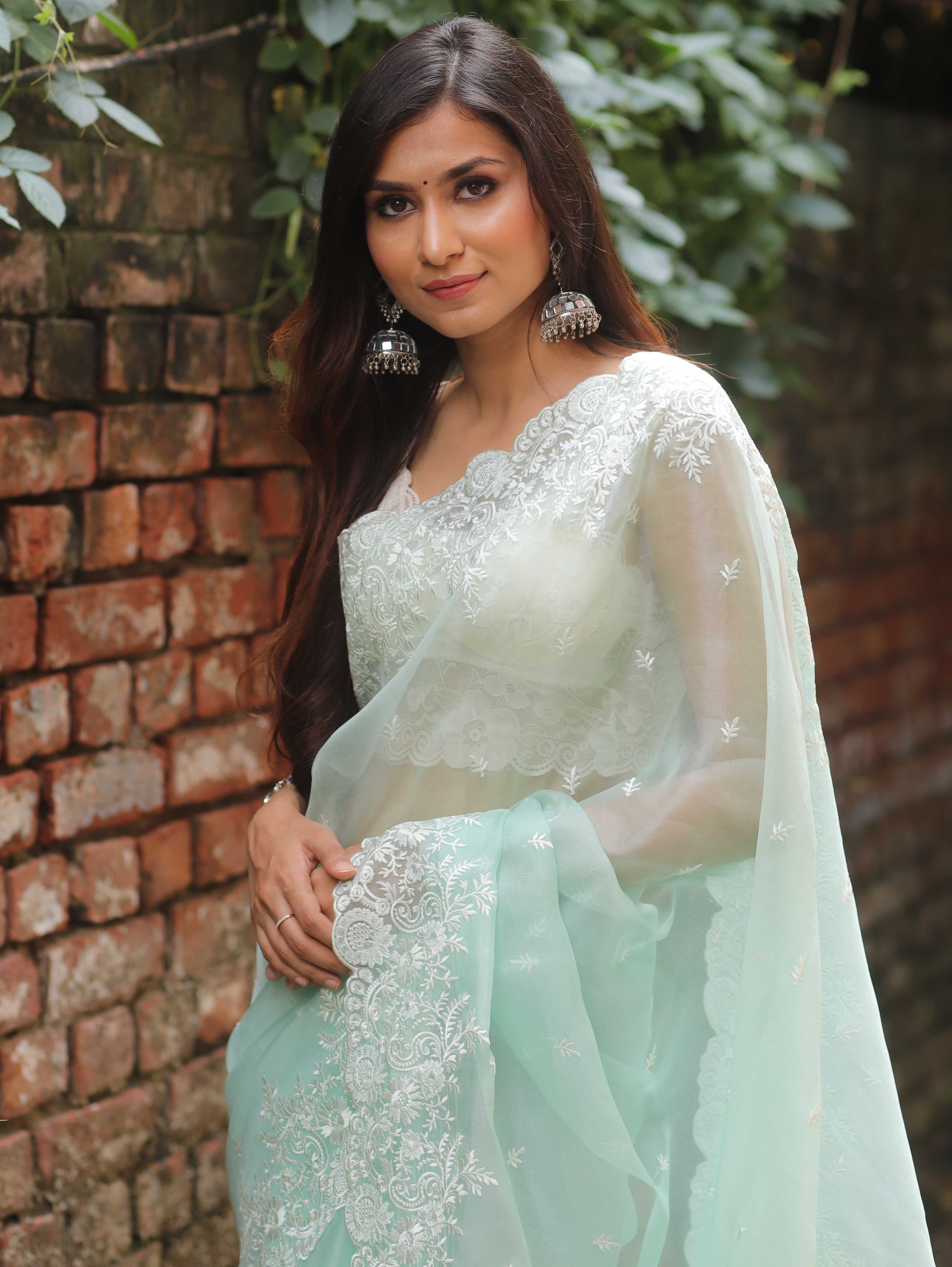 Banarasee Pure Organza Silk Saree With Floral Resham Embroidery-Sea Green