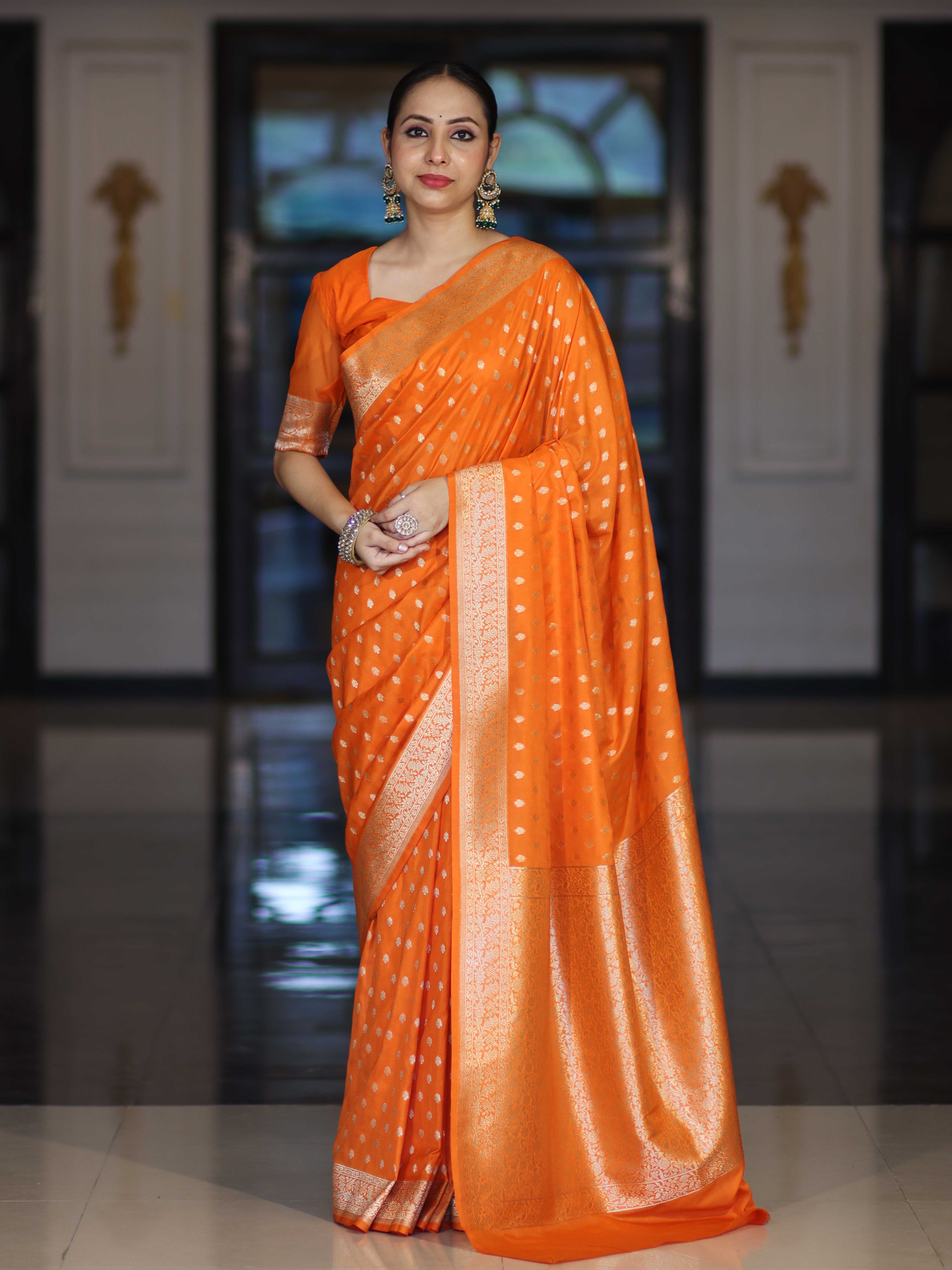 Banarasee Handloom Soft Silk Saree With Zari Buti Design & Border-Orange
