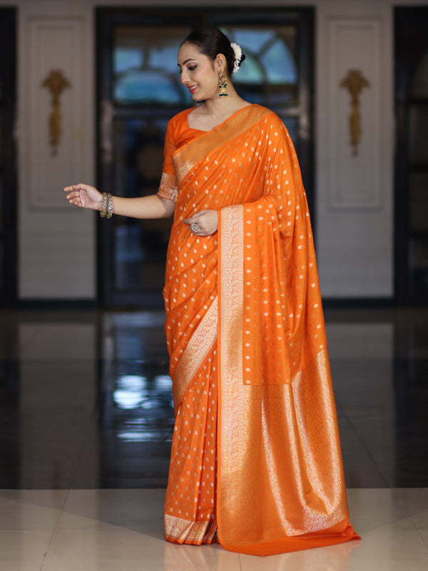 Banarasee Handloom Soft Silk Saree With Zari Buti Design & Border-Orange