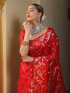Banarasee Organza Saree With Gold Zari Jaal Design-Red