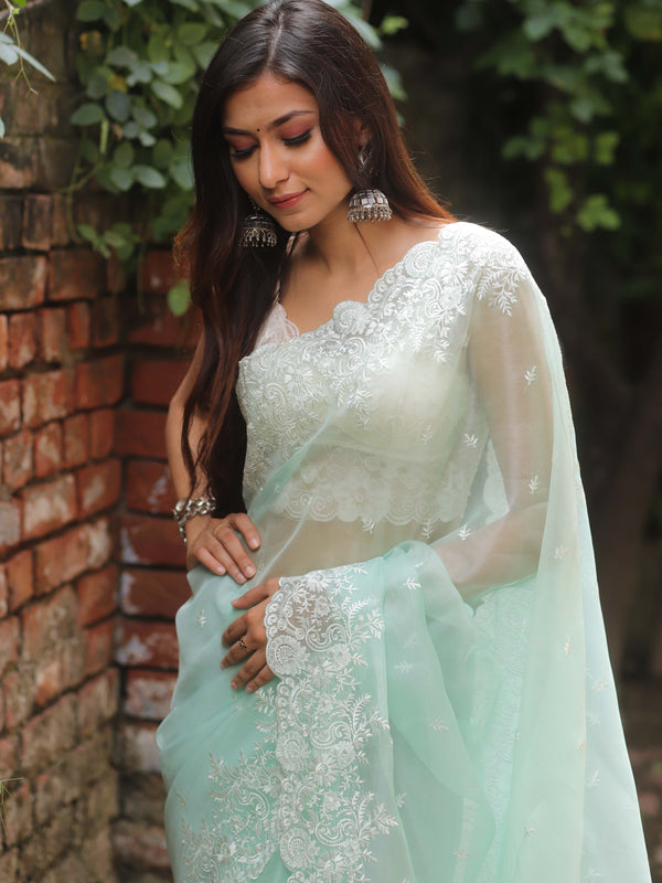 Banarasee Pure Organza Silk Saree With Floral Resham Embroidery-Sea Green