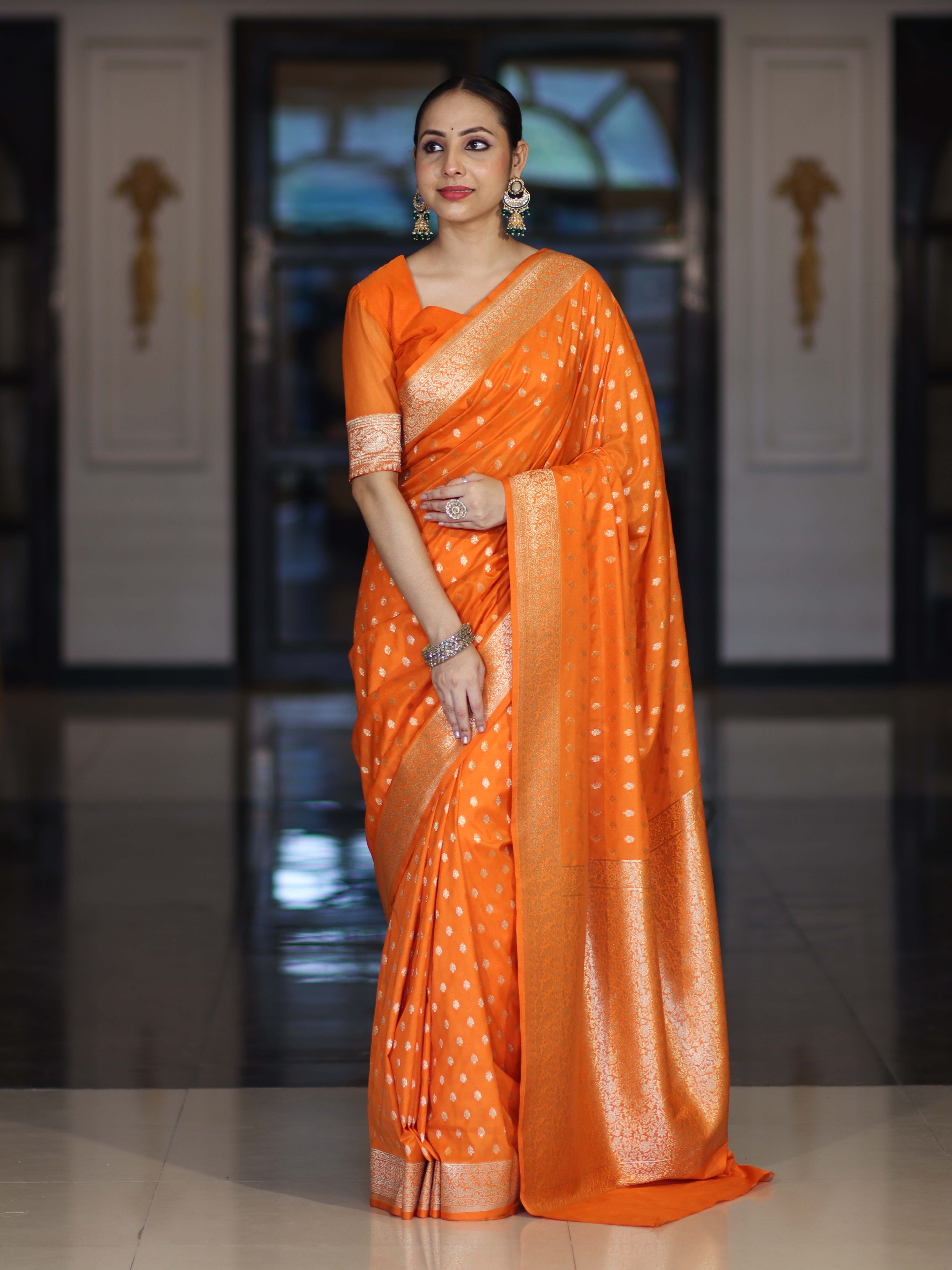 Banarasee Handloom Soft Silk Saree With Zari Buti Design & Border-Orange