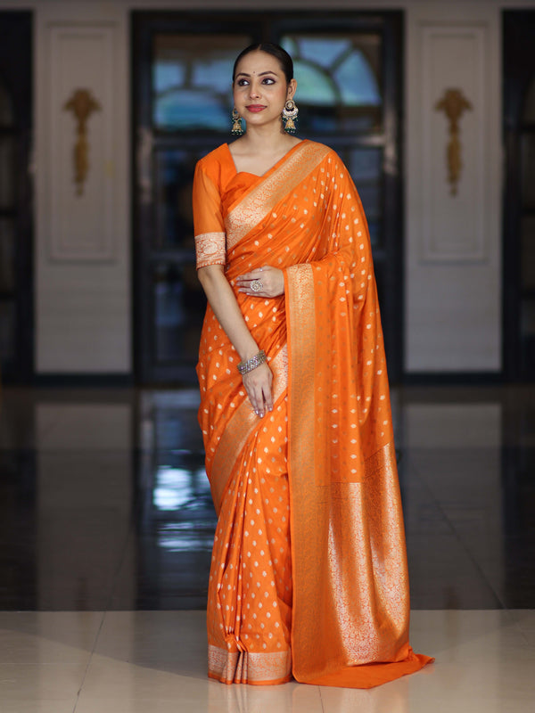 Banarasee Handloom Soft Silk Saree With Zari Buti Design & Border-Orange