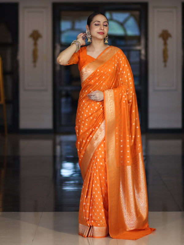Banarasee Handloom Soft Silk Saree With Zari Buti Design & Border-Orange