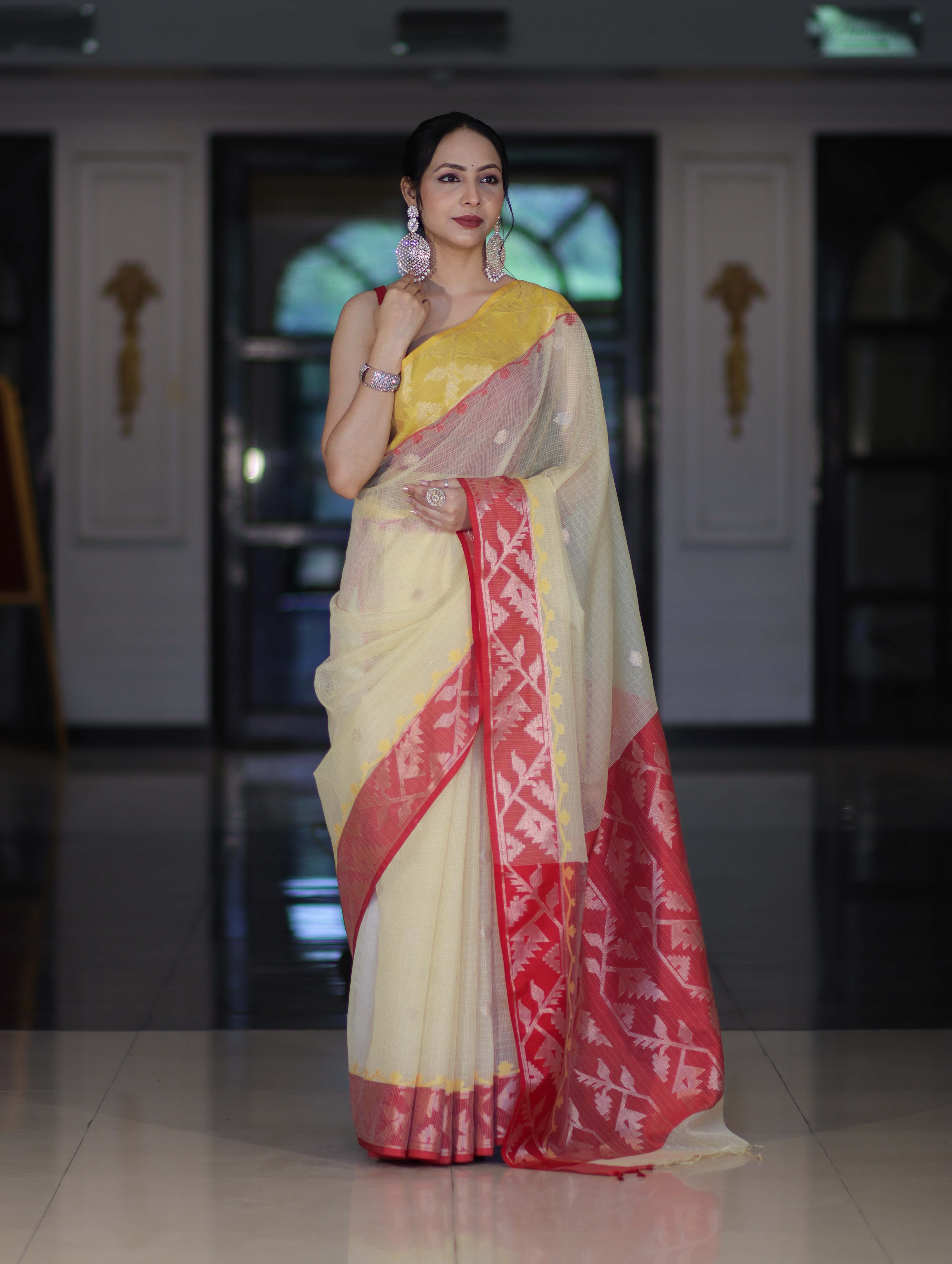 Banarasee Handwoven Organza Mix Saree With Zari Buti Design & Contrast Border-Cream & Maroon