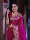 Banarasee Handloom Plain Tissue Saree With Zari Border & Lace-Magenta