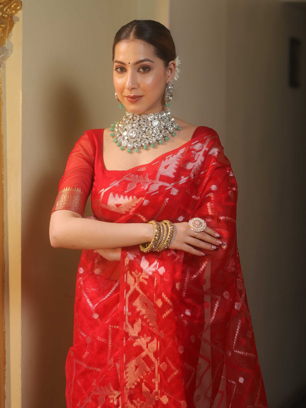 Banarasee Organza Saree With Gold Zari Jaal Design-Red