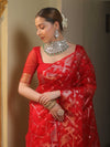 Banarasee Organza Saree With Gold Zari Jaal Design-Red
