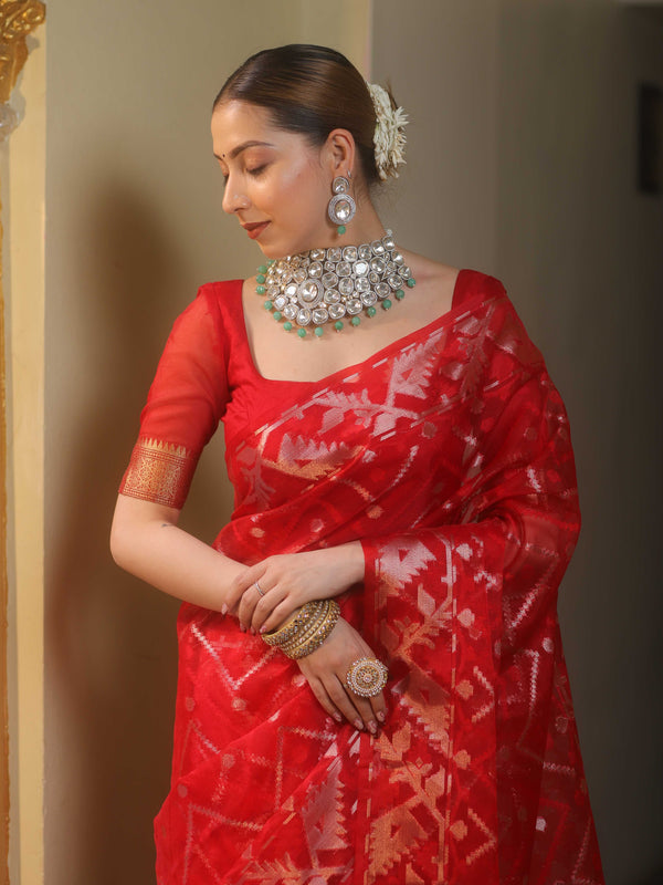 Banarasee Organza Saree With Gold Zari Jaal Design-Red