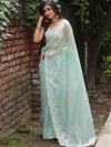 Banarasee Pure Organza Silk Saree With Floral Resham Embroidery-Sea Green