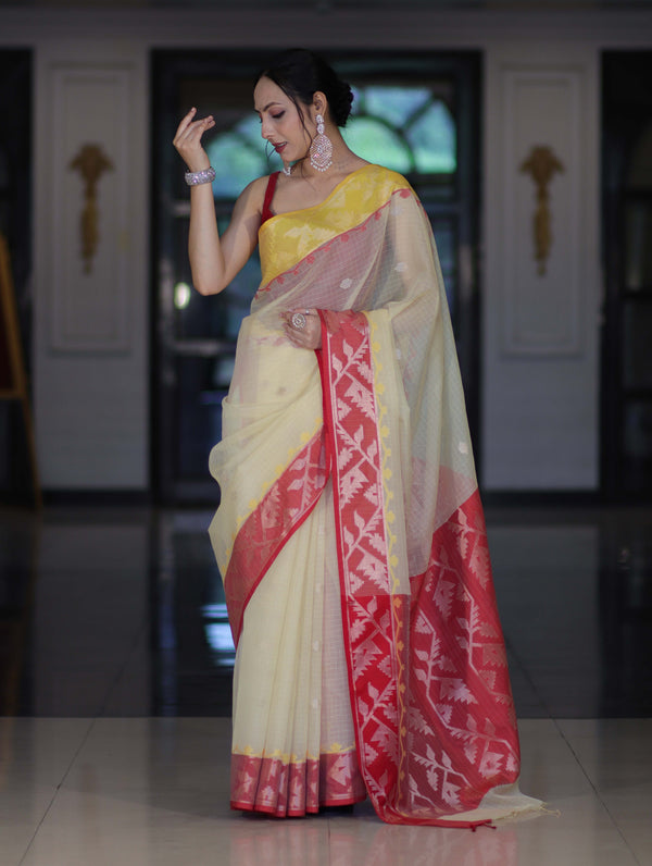 Banarasee Handwoven Organza Mix Saree With Zari Buti Design & Contrast Border-Cream & Maroon