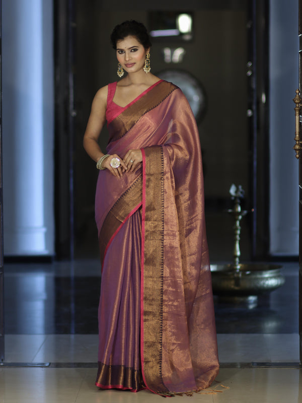 Banarasee Dual Shaded Linen Tissue Saree With Zari Border-Purple