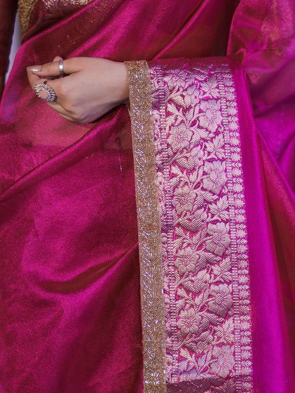 Banarasee Handloom Plain Tissue Saree With Zari Border & Lace-Magenta
