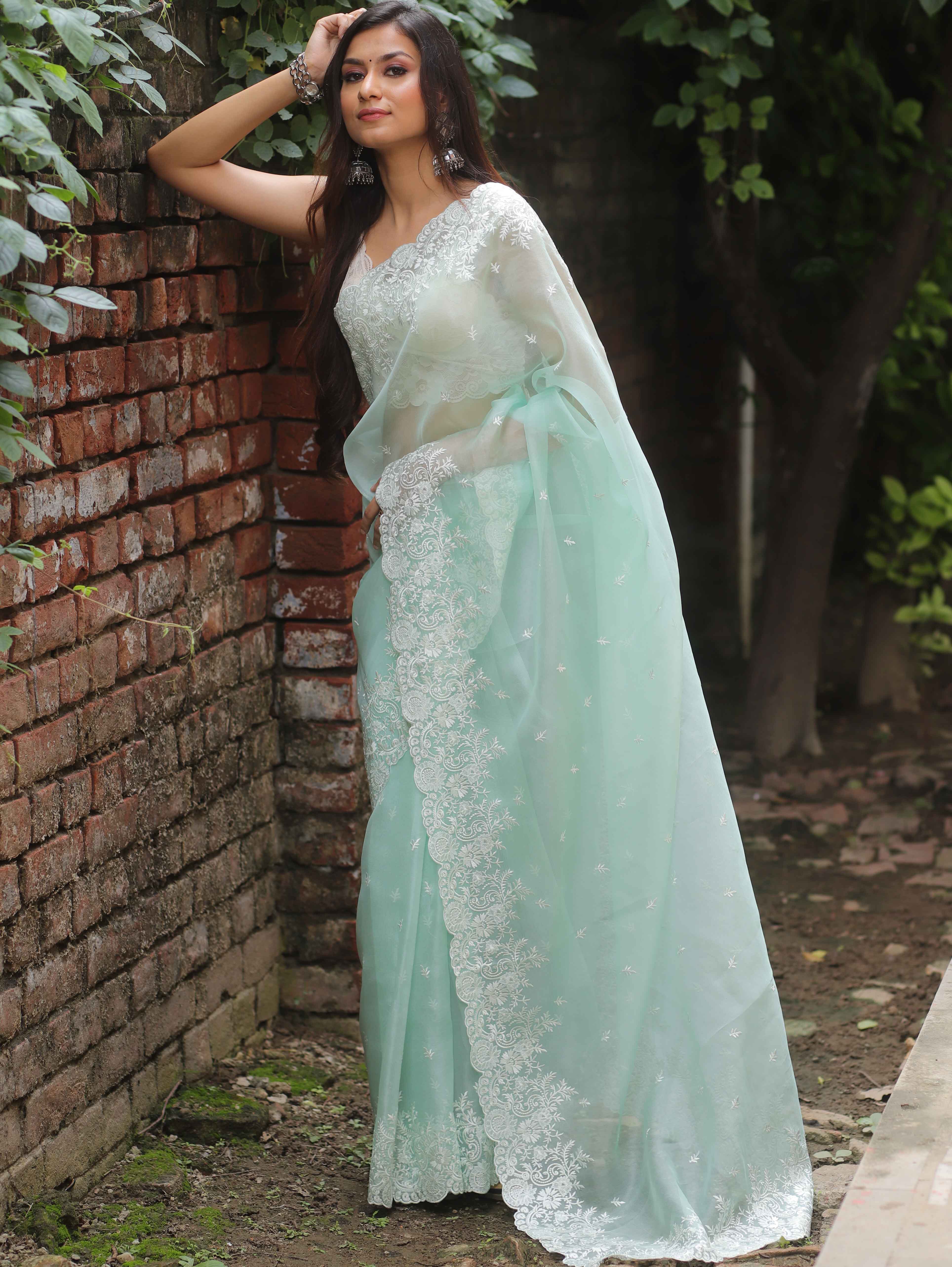 Banarasee Pure Organza Silk Saree With Floral Resham Embroidery-Sea Green