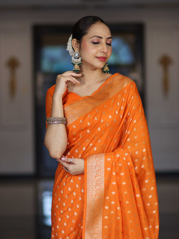 Banarasee Handloom Soft Silk Saree With Zari Buti Design & Border-Orange