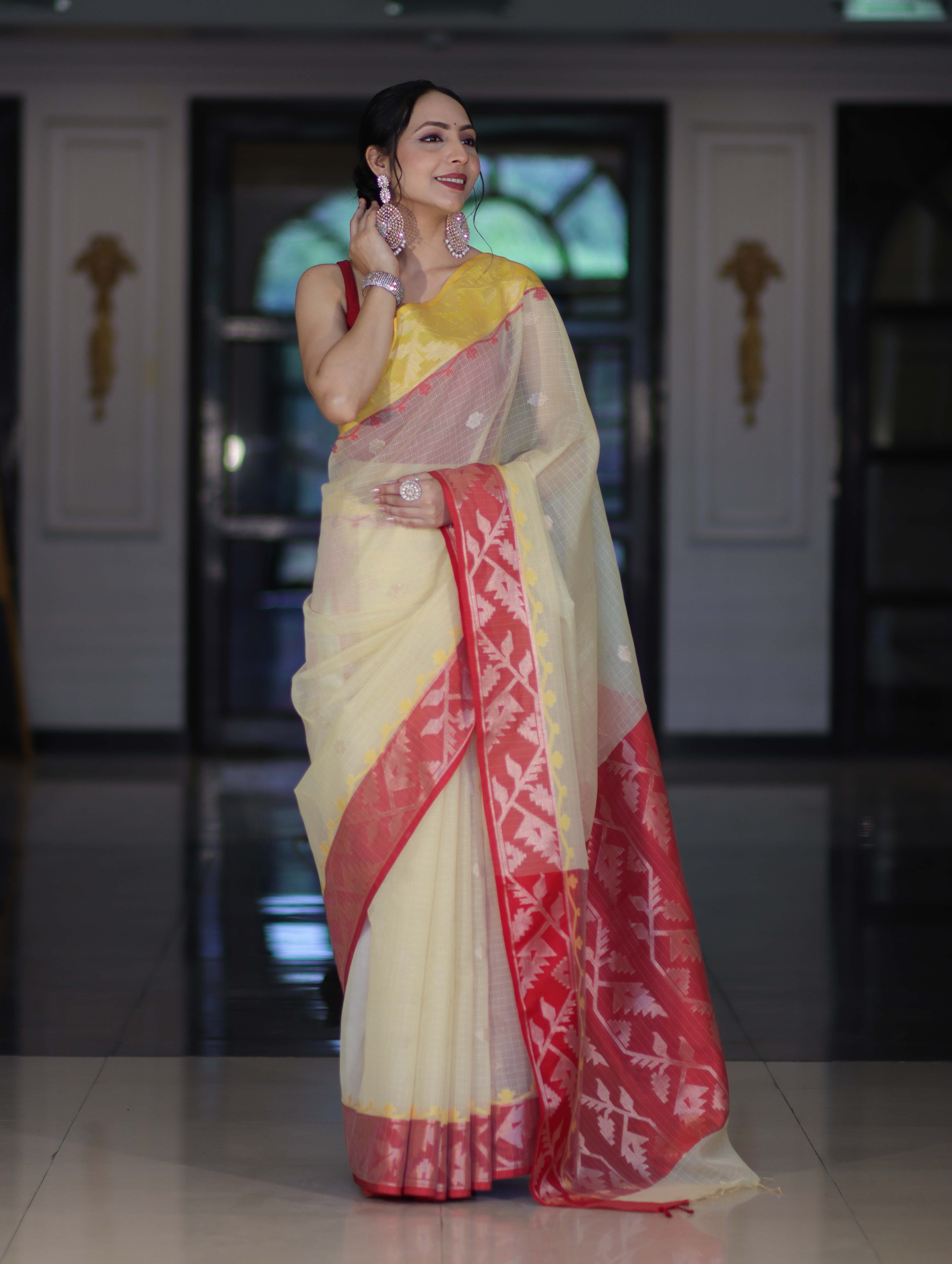 Banarasee Handwoven Organza Mix Saree With Zari Buti Design & Contrast Border-Cream & Maroon