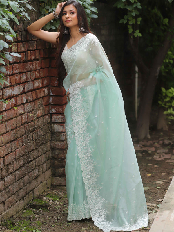 Banarasee Pure Organza Silk Saree With Floral Resham Embroidery-Sea Green