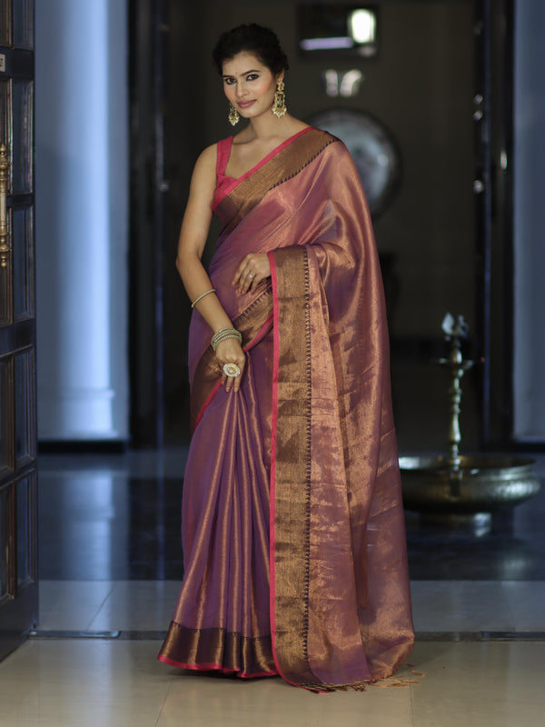 Banarasee Dual Shaded Linen Tissue Saree With Zari Border-Purple