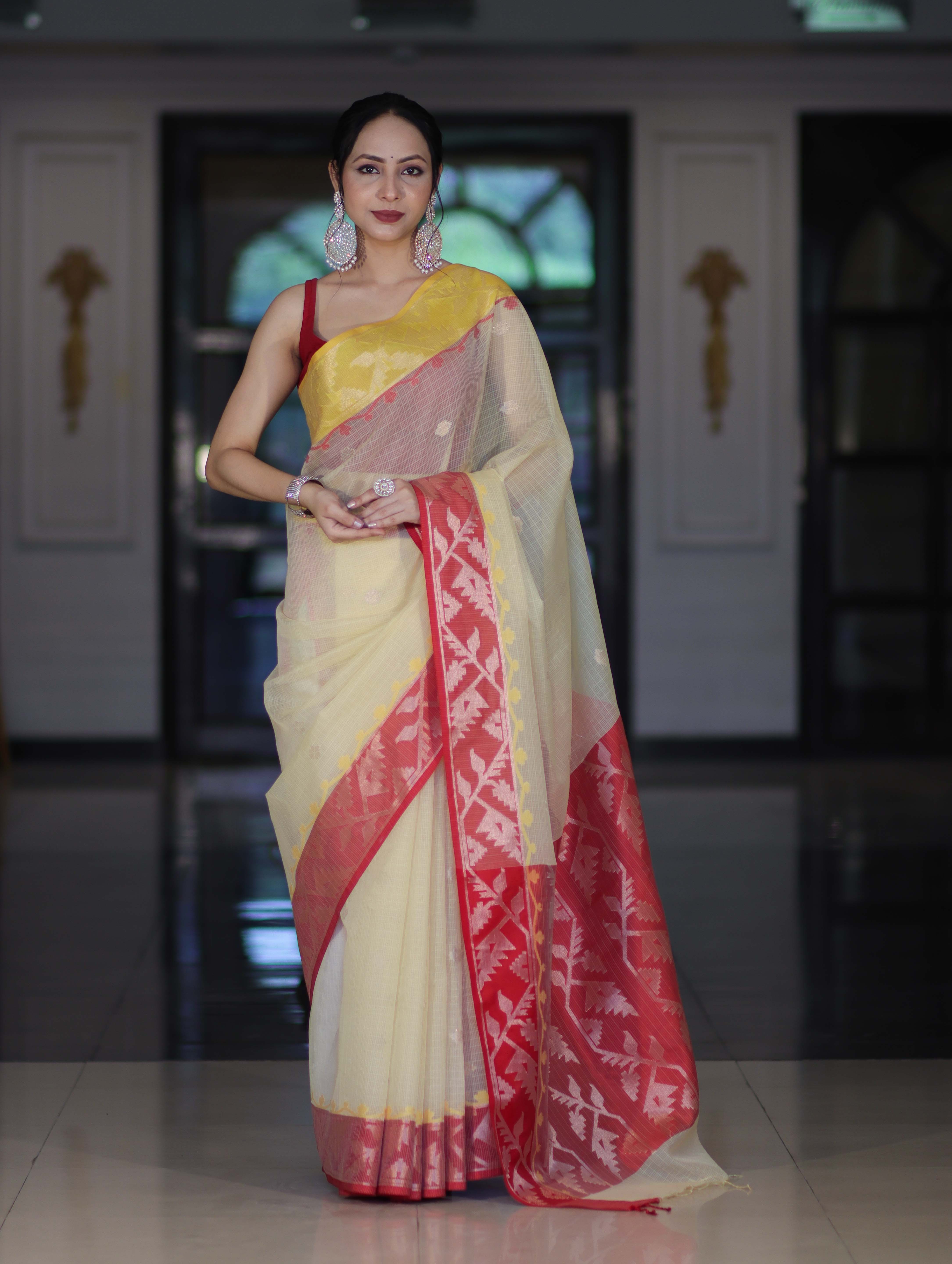 Banarasee Handwoven Organza Mix Saree With Zari Buti Design & Contrast Border-Cream & Maroon