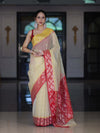 Banarasee Handwoven Organza Mix Saree With Zari Buti Design & Contrast Border-Cream & Maroon
