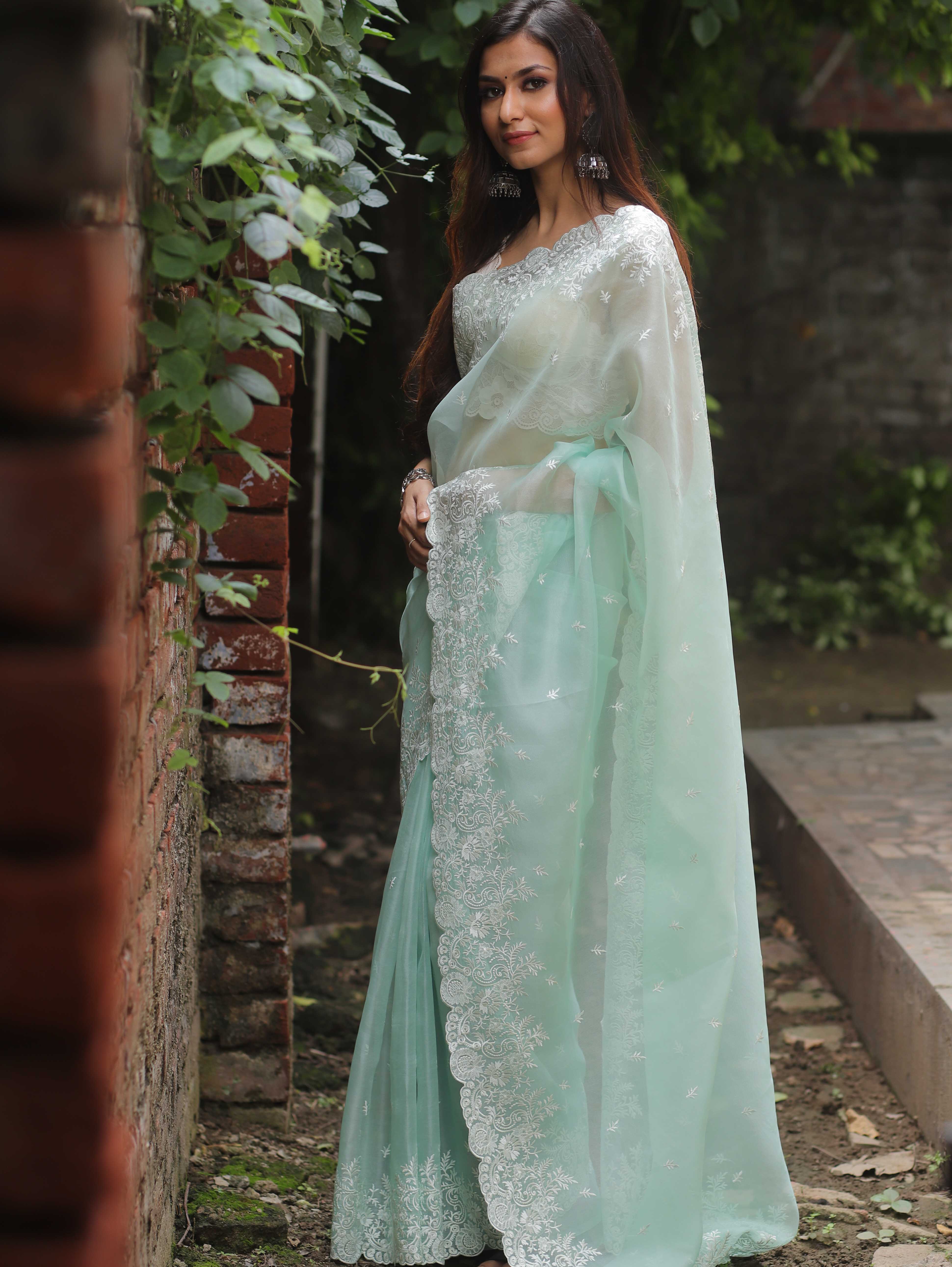 Banarasee Pure Organza Silk Saree With Floral Resham Embroidery-Sea Green