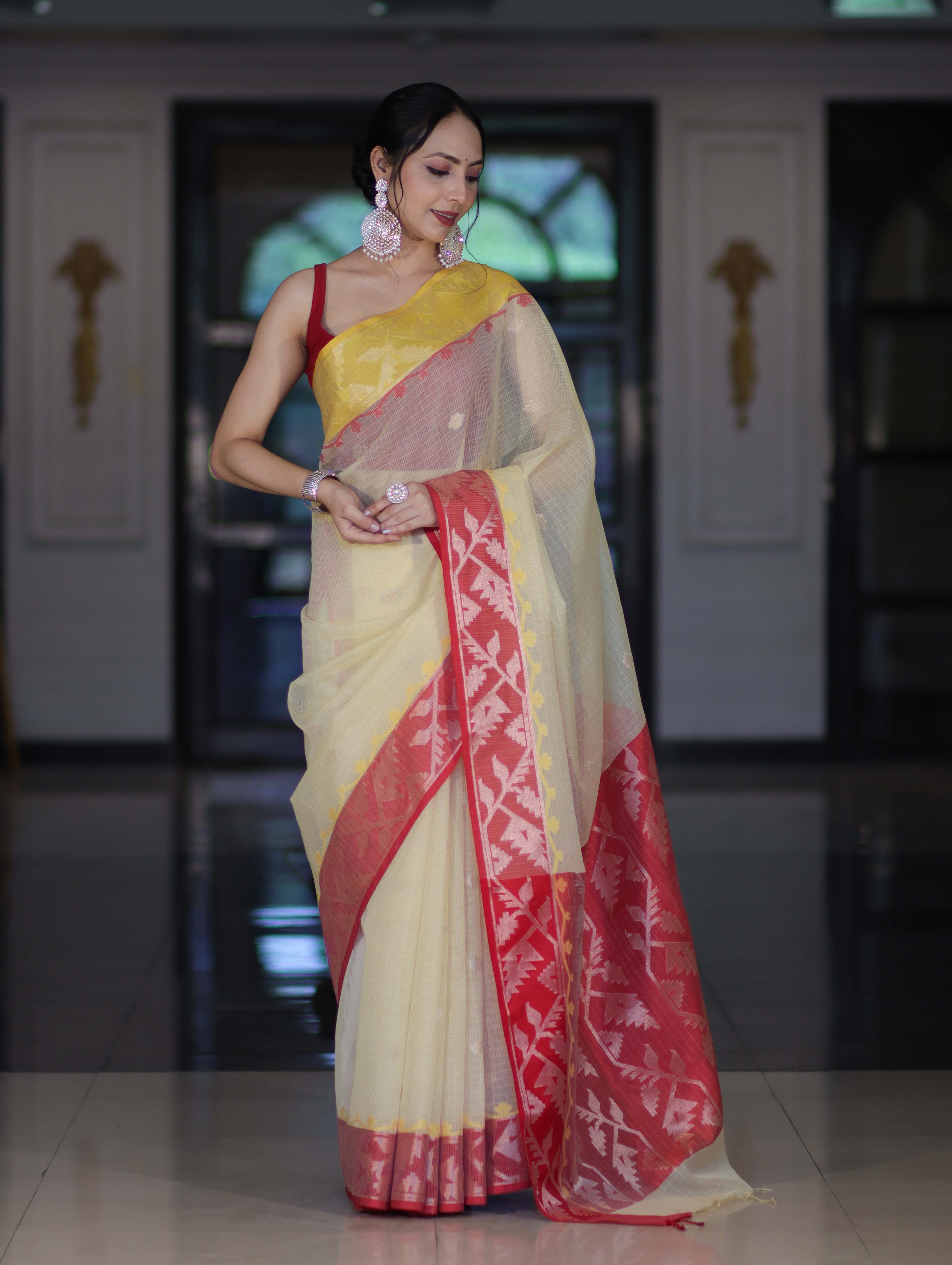 Banarasee Handwoven Organza Mix Saree With Zari Buti Design & Contrast Border-Cream & Maroon